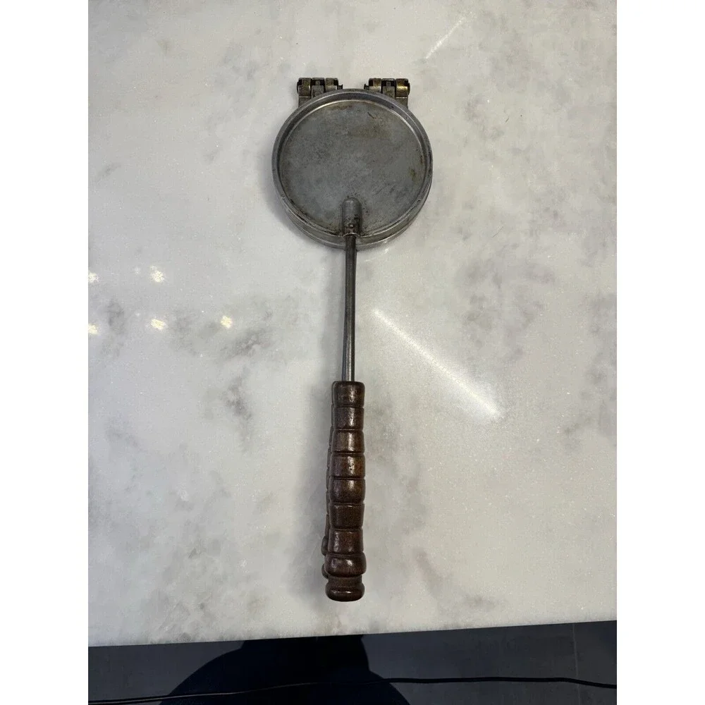 Vintage Cast Aluminum Cookie Press Mold Waffle with Iron and Wood Handle